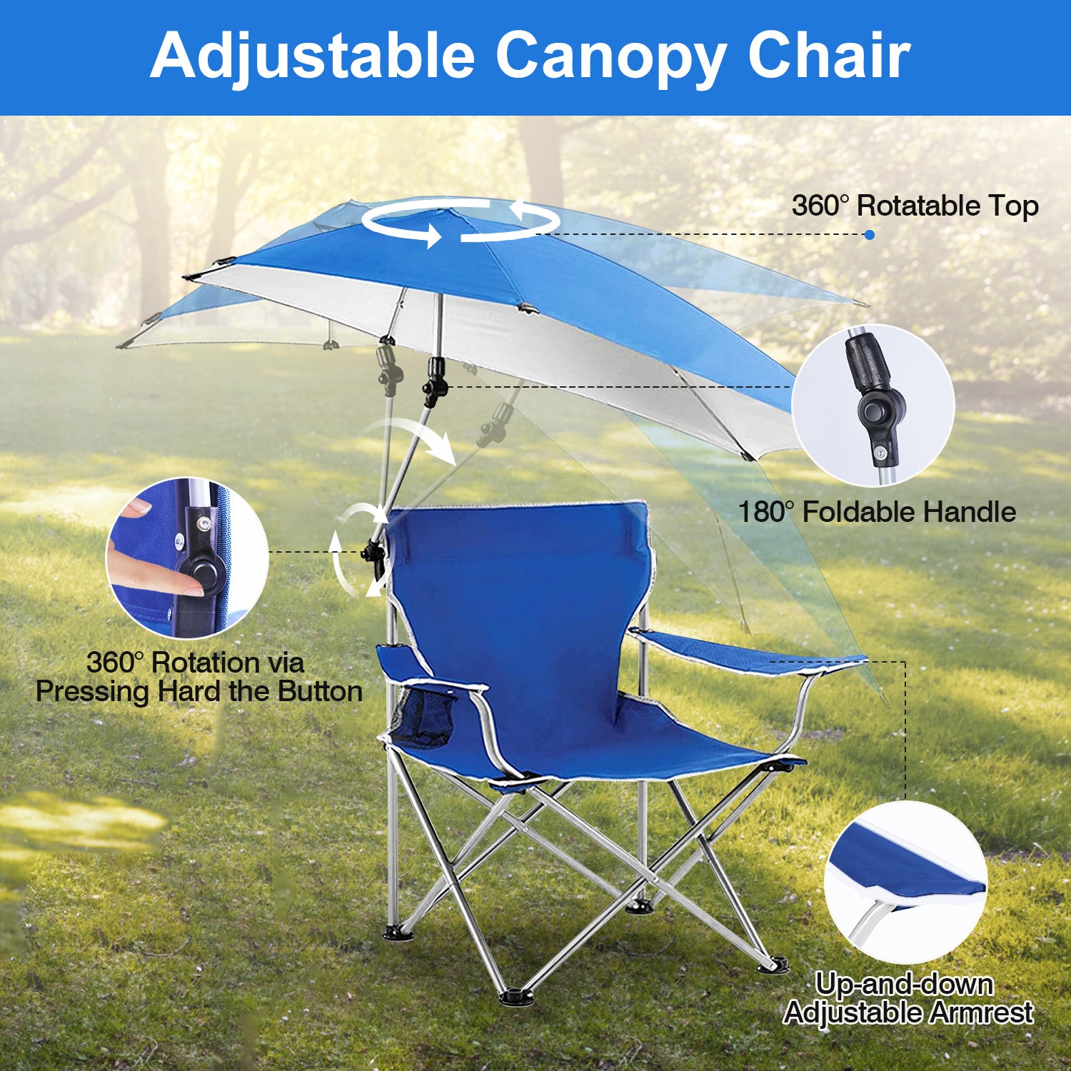 Foldable Beach Chair with Detachable Umbrella Armrest Adjustable Canopy Stool with Cup Holder Carry Bag for Camping Poolside Travel Picnic Lawn Chair Doba